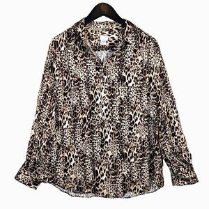 Chico's Sz 2 (US 12-14) Leopard Print MODAL Collared Career Blouse Shirt Stretch